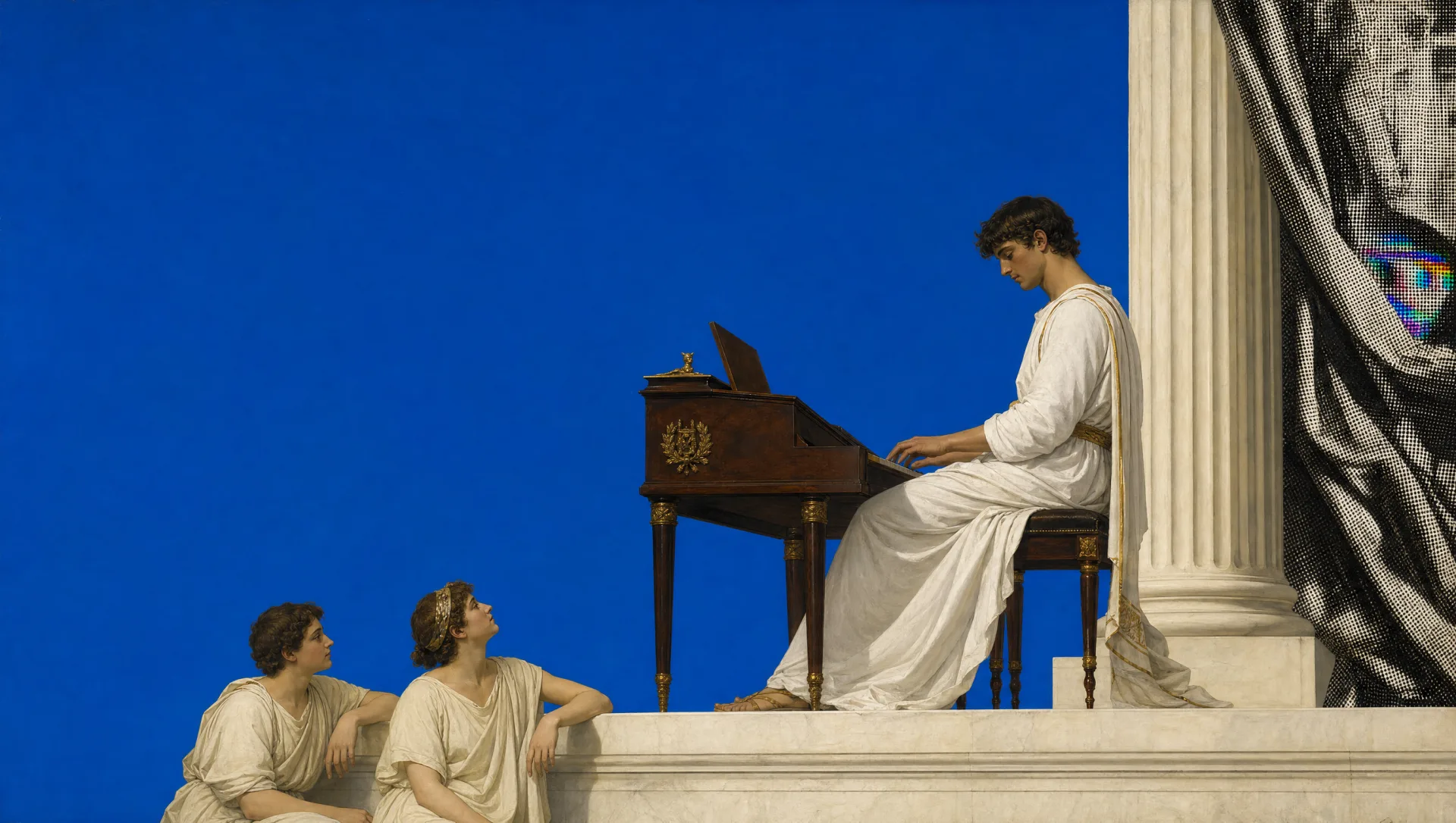 A golden conductor baton rising over a blue neoclassical room